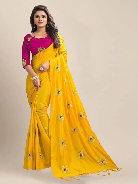 

VAIVIDHYAM Yellow & Gold-Toned Ethnic Motifs Embroidered Art Silk Tussar Saree