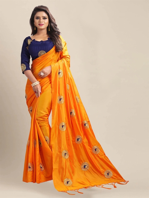 

VAIVIDHYAM Orange & Blue Ethnic Motifs Embroidered Art Silk Tussar Saree