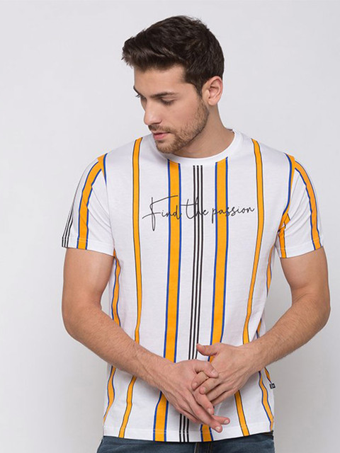 

Status Quo Men White & Mustard Yellow Striped T-shirt