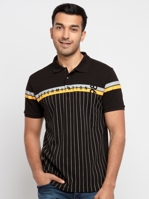 

Status Quo Men Black Striped Polo Collar Applique T-shirt