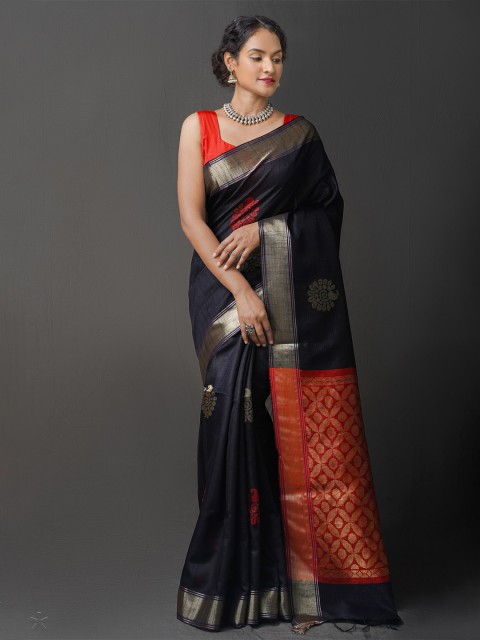 

Unnati Silks Black & Red Woven Design Zari Jamdani Saree