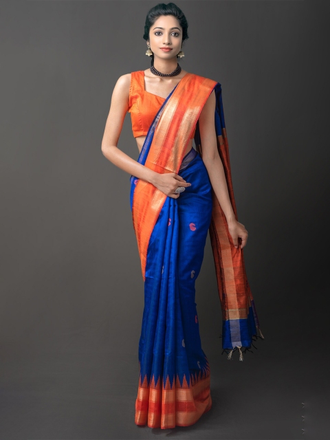 

Unnati Silks Blue & Gold-Toned Woven Design Zari Jamdani Saree