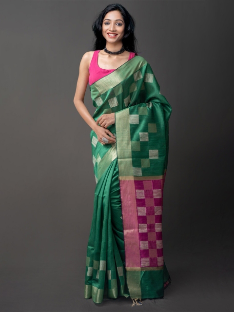 

Unnati Silks Green & Pink Woven Design Zari Jamdani Saree