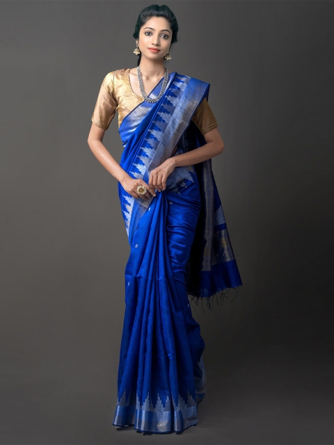 

Unnati Silks Navy Blue & Silver-Toned Woven Design Zari Jamdani Saree