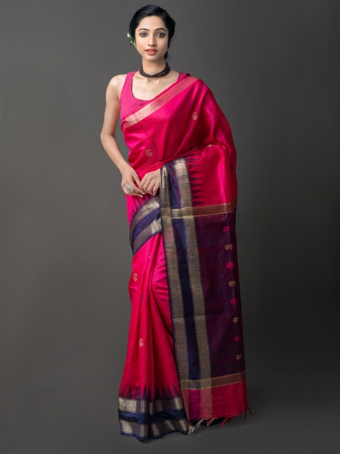 

Unnati Silks Pink & Navy Blue Woven Design Zari Pure Linen Jamdani Saree