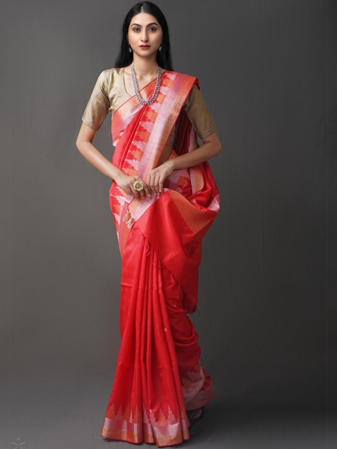 

Unnati Silks Red & Silver-Toned Woven Design Zari Silk Blend Jamdani Saree