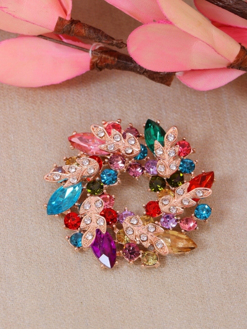 

Crunchy Fashion Women Rose Gold-Toned Stone Studded Floral Brooch
