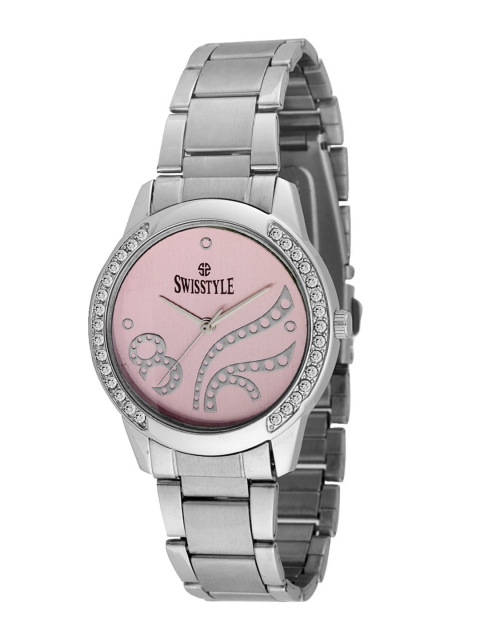 

SWISSTYLE Women Pink Brass Embellished Dial & Silver Toned Bracelet Style Straps Analogue Watch