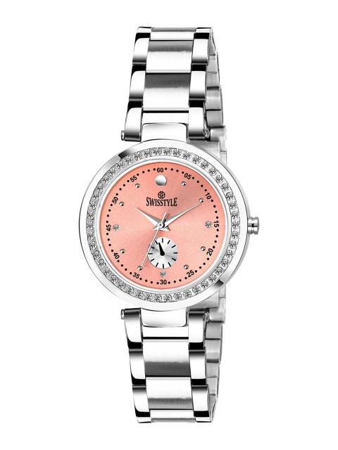 

SWISSTYLE Women Peach-Coloured Brass Embellished Dial & Silver Toned Stainless Steel Bracelet Style Straps Watch