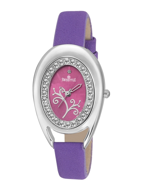 

SWISSTYLE Women Purple Brass Embellished Dial & Purple Leather Straps Analogue Watch