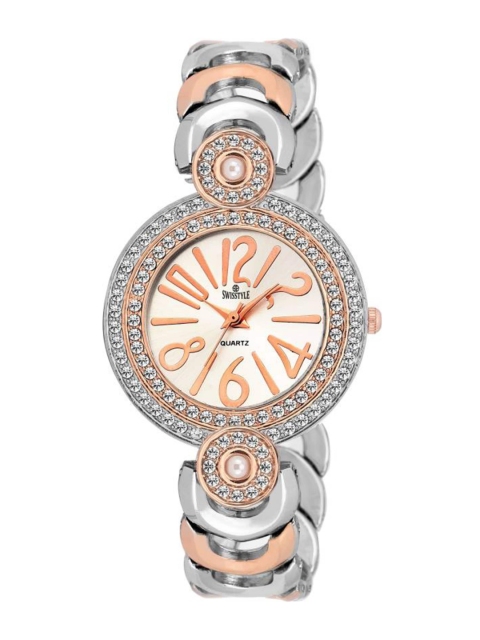 

SWISSTYLE Women White Brass Embellished Dial & Stainless Steel Bracelet Style Straps Analogue Watch