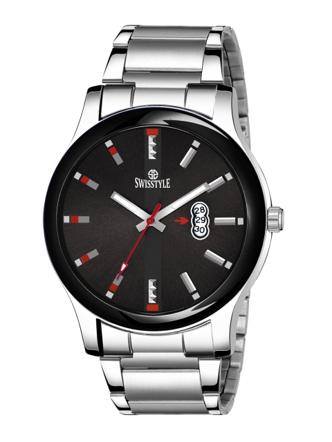 

SWISSTYLE Men Black Brass Embellished Dial & Stainless Steel Bracelet Style Straps Analogue Watch