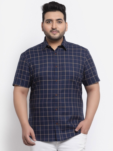 

plusS Plus Size Men Navy Blue Windowpane Checks Checked Casual Shirt
