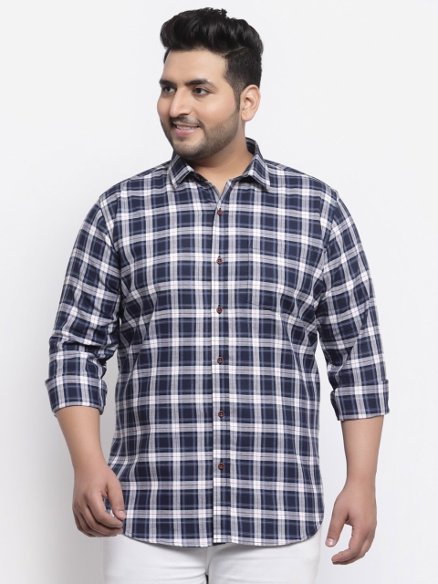 

plusS Plus Size Men Navy Blue Tartan Checked Casual Shirt
