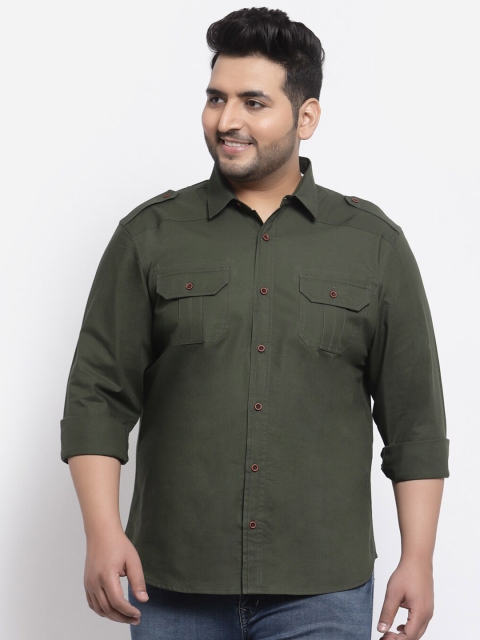 

plusS Plus Size Men Olive Green Solid Casual Shirt