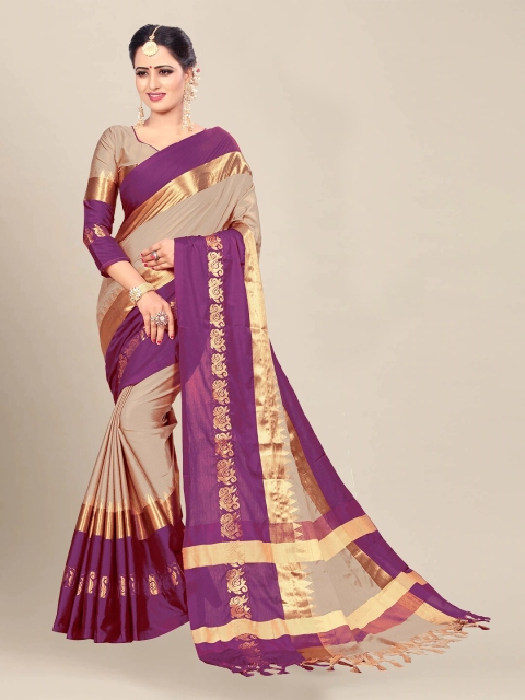 

VAIVIDHYAM Khaki & Gold-Toned Woven Design Zari Pure Cotton Banarasi Saree