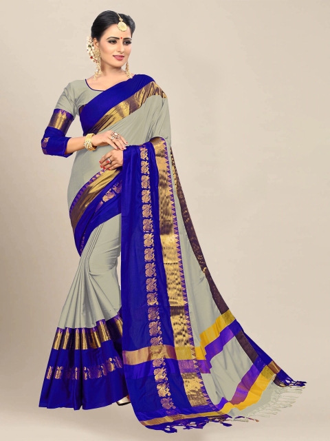 

VAIVIDHYAM Grey & Blue Woven Design Zari Pure Cotton Banarasi Saree