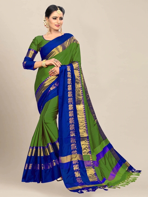 

VAIVIDHYAM Green & Navy Blue Zari Pure Cotton Banarasi Saree