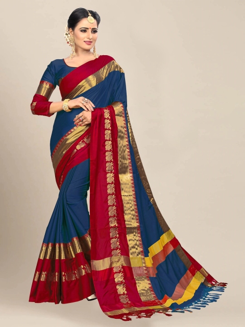 

VAIVIDHYAM Navy Blue & Red Ethnic Motifs Zari Pure Cotton Banarasi Saree