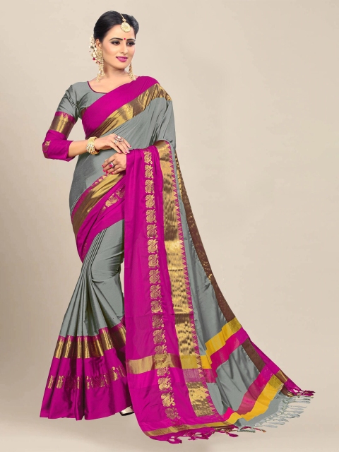 

VAIVIDHYAM Grey & Magenta Woven Design Zari Pure Cotton Banarasi Saree