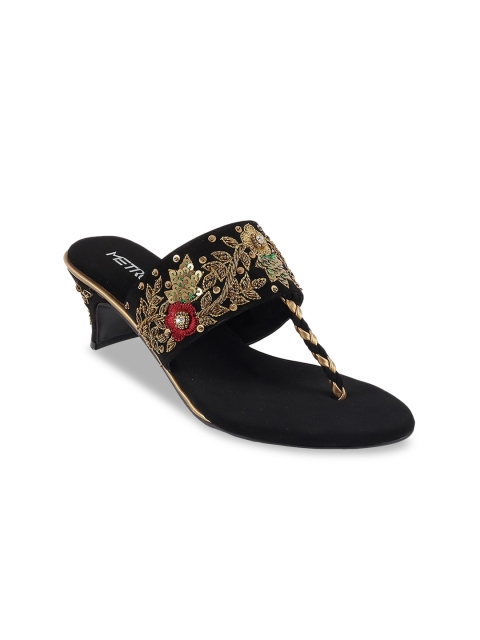 

Metro Black Embellished Ethnic Kitten Sandals