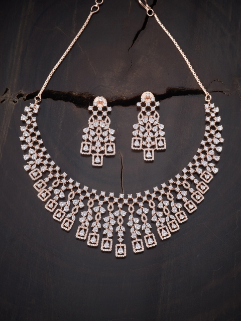 

Kushal's Fashion Jewellery White Copper Rose Gold-Plated Necklace with Earrings