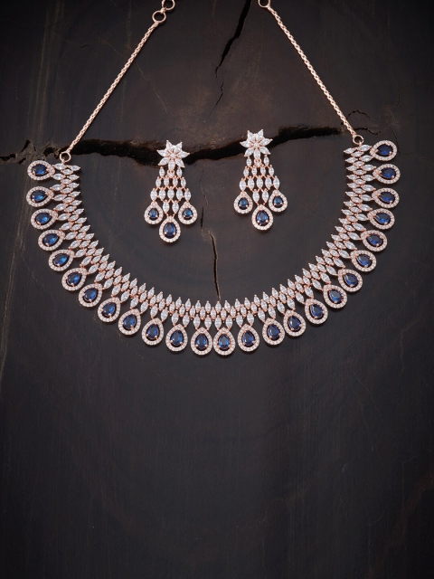 

Kushal's Fashion Jewellery Rose Gold-Plated Blue & White CZ Studded Jewellery Set