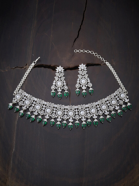 

Kushal's Fashion Jewellery Silver and Green Copper Rhodium-Plated Jewellery Set