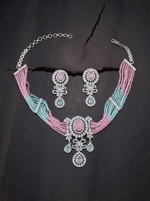 

Kushal's Fashion Jewellery Pink & Sea-Green Copper Rhodium-Plated Jewellery Set