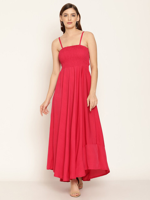 

Aawari Pink Smocked Shoulder Strap Rayon Maxi Dress