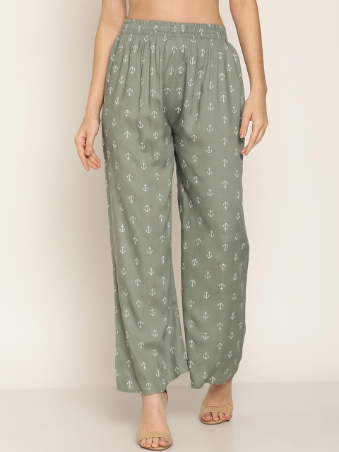 

Aawari Women Green Printed Relaxed High-Rise Trousers