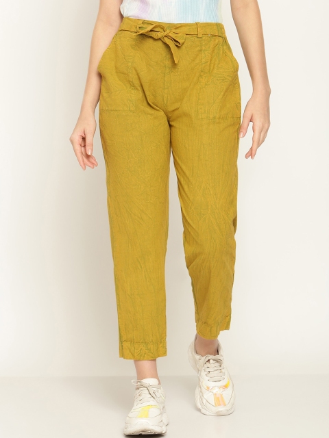

Aawari Women Green Textured Striped Relaxed High-Rise Trousers