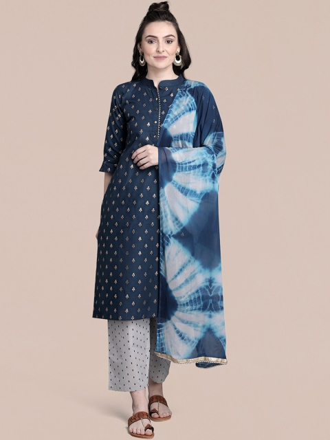 

MOKOSH Women Navy Blue Ethnic Motifs Printed Panelled Pure Cotton Kurta with Palazzos & With Dupatta