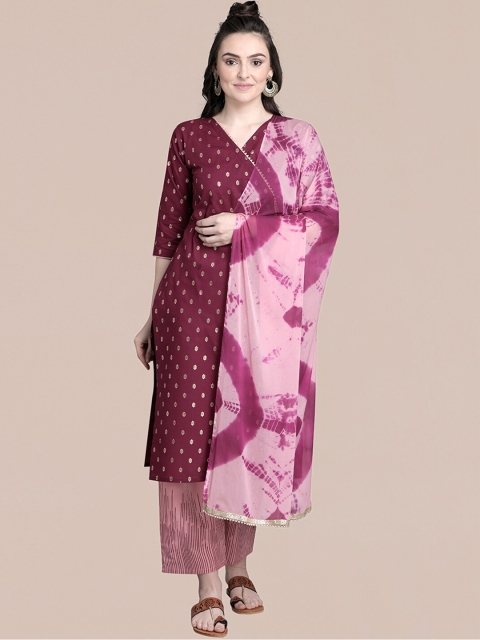 

MOKOSH Women Magenta Angrakha Pure Cotton Kurti with Trousers & With Dupatta