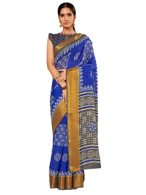 

KALINI Blue & Gold-Toned Geometric Printed Zari Silk Cotton Saree