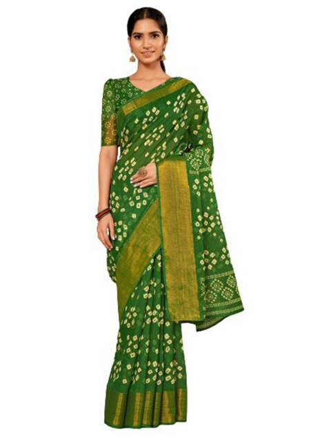 

KALINI Green & White Bandhani Silk Cotton Saree