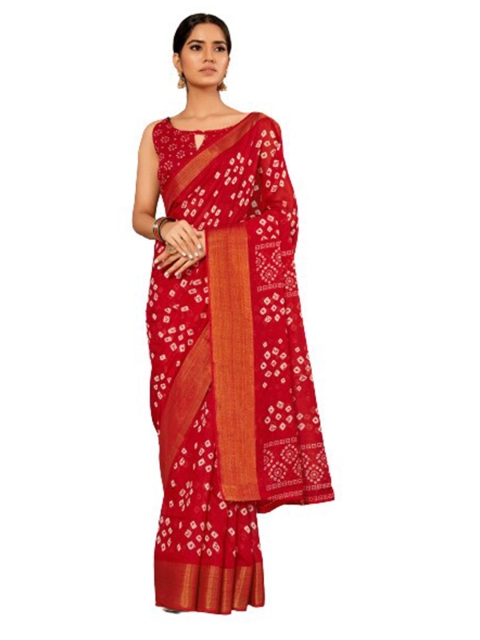 

KALINI Red & White Bandhani Printed Zari Silk Cotton Saree