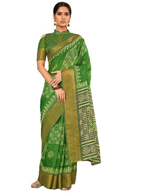 

KALINI Green & White Zari Geometric Printed Zari Silk Cotton Saree