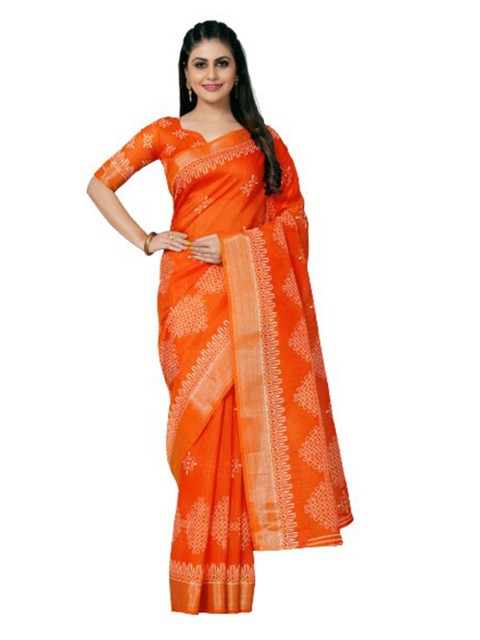 

KALINI Orange & Gold-Toned Ethnic Motifs Zari Silk Cotton Saree