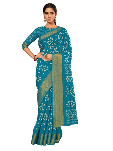 

KALINI Blue & White Bandhani Printed Zari Silk Cotton Saree