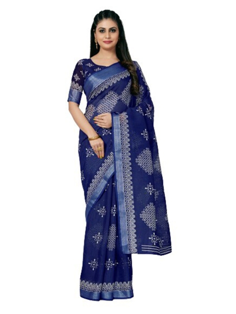 

KALINI Blue & White Geometric Printed Zari Silk Cotton Saree