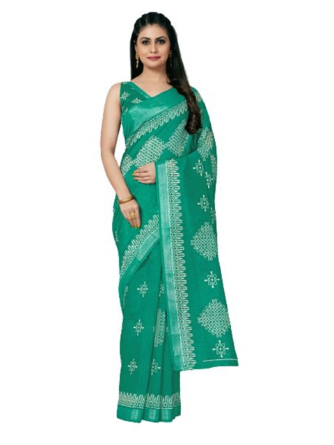 

KALINI Sea Green & White Ethnic Motifs Zari Silk Cotton Saree