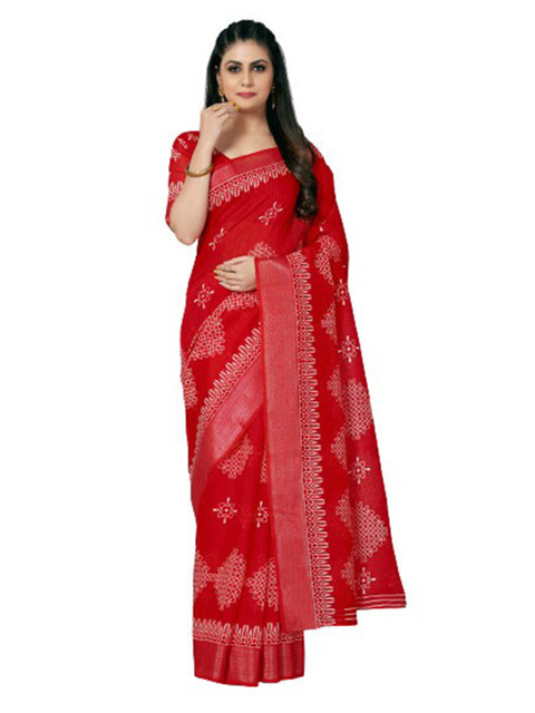 

KALINI Red & White Ethnic Motifs Zari Silk Cotton Saree