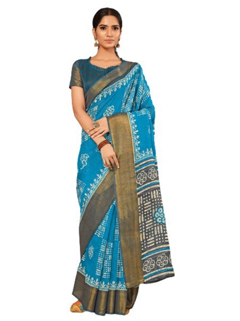 

KALINI Blue & White Geometric Printed Silk Cotton Saree