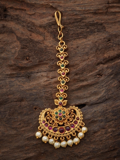 

Kushal's Fashion Jewellery Gold Plated Red Stone-Studded Antique Mangtikka