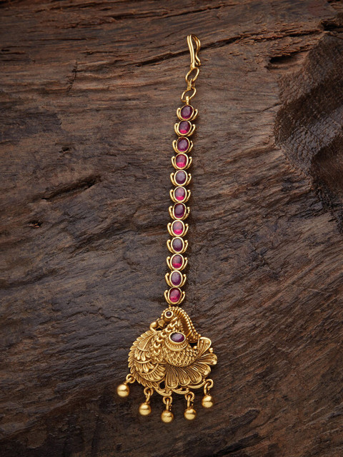

Kushal's Fashion Jewellery Gold-Plated Pink Stone Studded Antique Maang Tikka