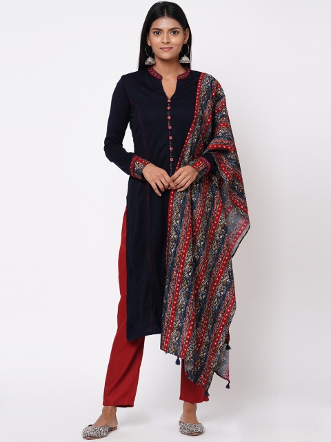 

FASHOR Women Navy Blue & Maroon Ethnic Motifs Printed Kurta With Dupatta