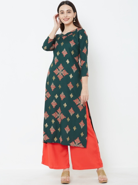 

FASHOR Women Green Ethnic Motifs Printed Pure Cotton Kurta with Palazzos