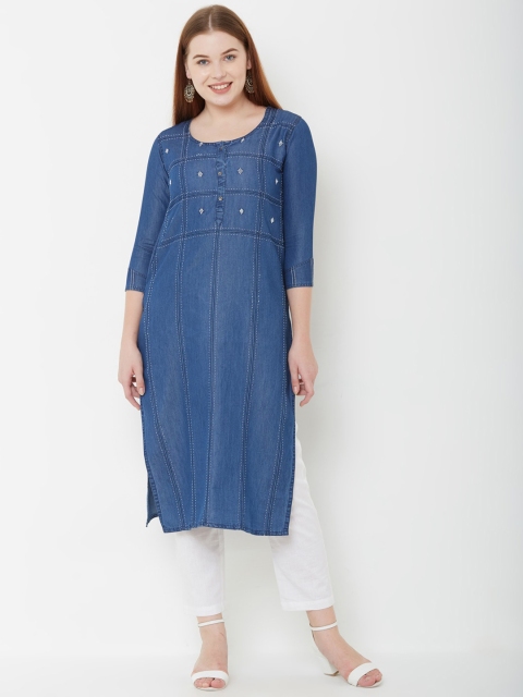 

FASHOR Women Blue Embroidered Thread Work Denim Kurta
