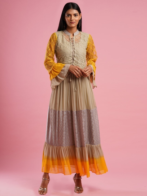 

FASHOR Beige Ethnic Motifs Georgette Maxi Dress